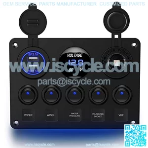 90101E 5Gang Multi-Function 5 Gang Rocker Dual USB r + Digital Volmeter +12V Outlet Pre-Wired Switch Panel with Circuit Breakers for RV Car Boat Truck Trailer,2 Years Warranty