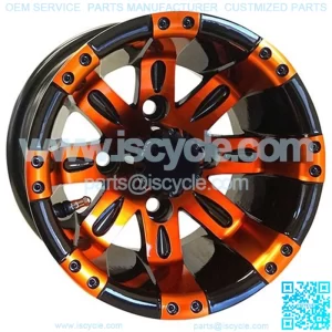 10" Golf Cart Wheel, Black/Orange Rim & Center Cap, 10x7 ET-25