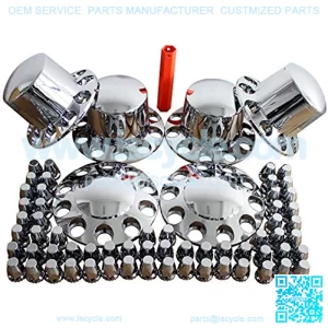 Chrome ABS Complete Axle Cover Set with Standard Hub Caps and 33mm Screw-On Lug Nut Covers for Semi Trucks (2 Front and 4 Rear)