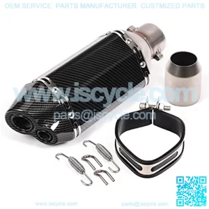 Motorcycle Dual Outlet 12.2" Universal Exhaust Muffler Carbon Pattern Stainless Steel Slip on 2" Inlet with 38 to 51mm Welding Adaptor NO DB Killer Silencer