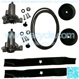deck rebuild kit for poulan included 2 heavy duty spindles 130794, 2 mulcher blades 134149, 2 pulleys 173436, deck belt 144959 95"