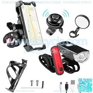 6 Pack Bike Accessories, Bike Lights Front and Back(USB Cable Included), 360?? Rotation Bike Phone Mount, 1 Bike Mirror for Handlebars, 1 Pack Bike Water Bottle Holder and 1 Bicycle Bell