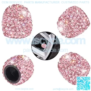 Valve Stem Caps, Car Wheel Tire Valve, 4 Pack Handmade Crystal Rhinestone Universal Car Tire Valve Caps Chrome, Attractive Dustproof Bling Car Accessories (A-Pink)